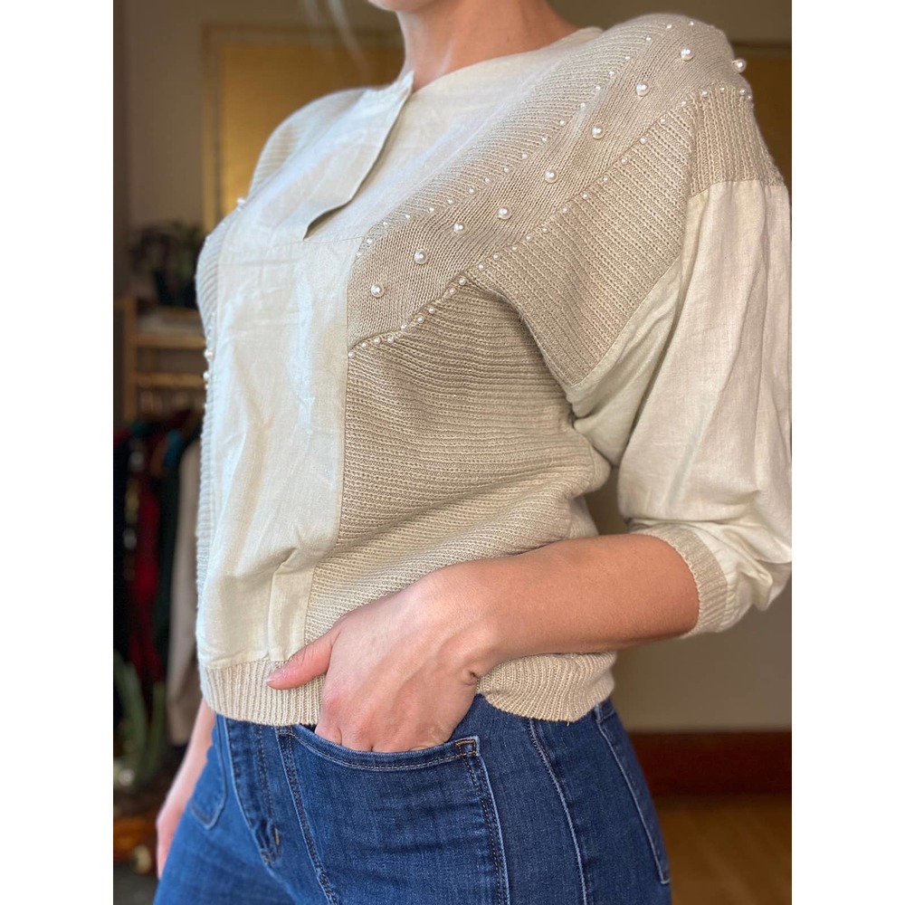 Vintage 80s Shenanigans Crochet Pearl Knit Linen Pullover Blouse Slouchy SMALL